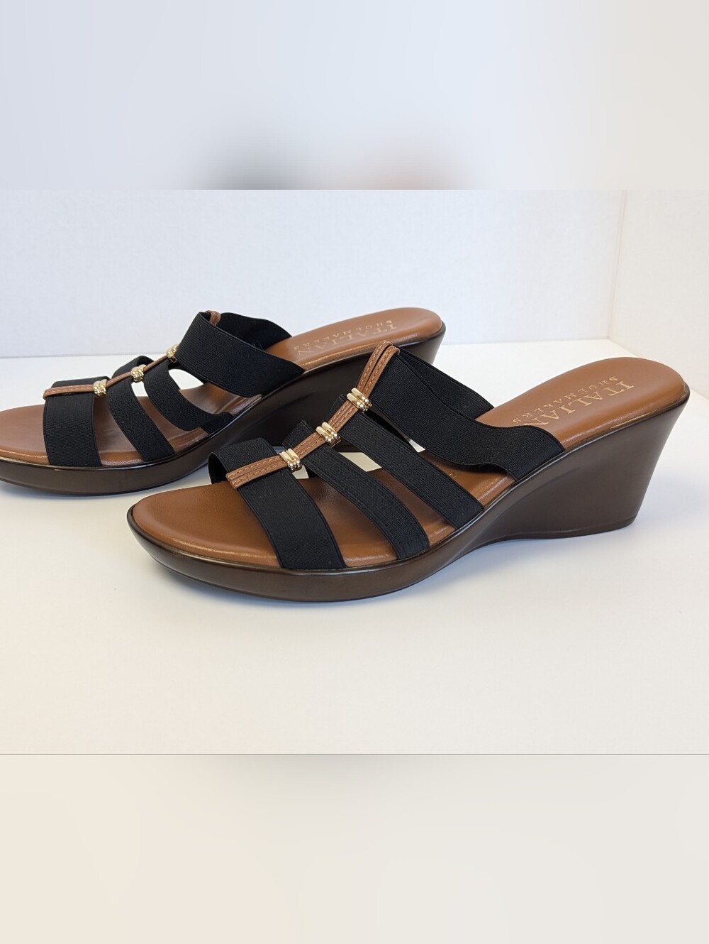 Italian Shoemakers Clover Black Elastic Wedge Sandals Size 10 - Picture 7 of 9